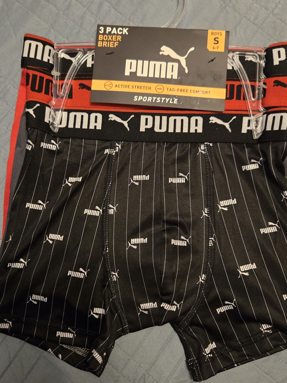 Puma Boys' 3-Pack Boxer Briefs in Black with Red Waistbands